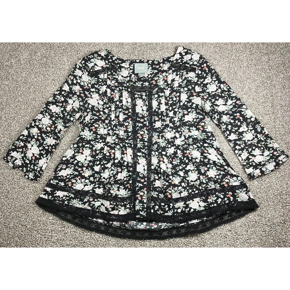 Maeve Anthropologie Black Floral Boho Lace Trim Pintuck Pleat Blouse Size 2